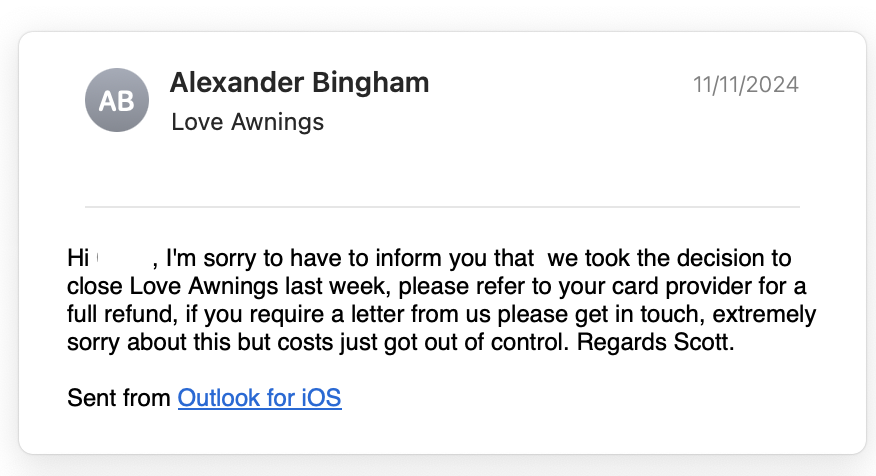 Email from Companies House confirming closure request for Love Awnings UK Ltd on November 11, 2024