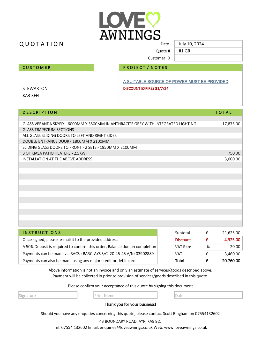 Invoice issued by Love Awnings UK Ltd for glass room extension, dated July 10, 2024, total £20,760