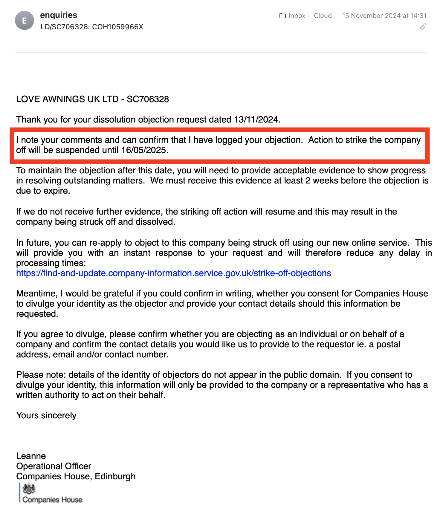 Official letter from Companies House approving objection to strike-off of Love Awnings UK Ltd on November 15, 2024