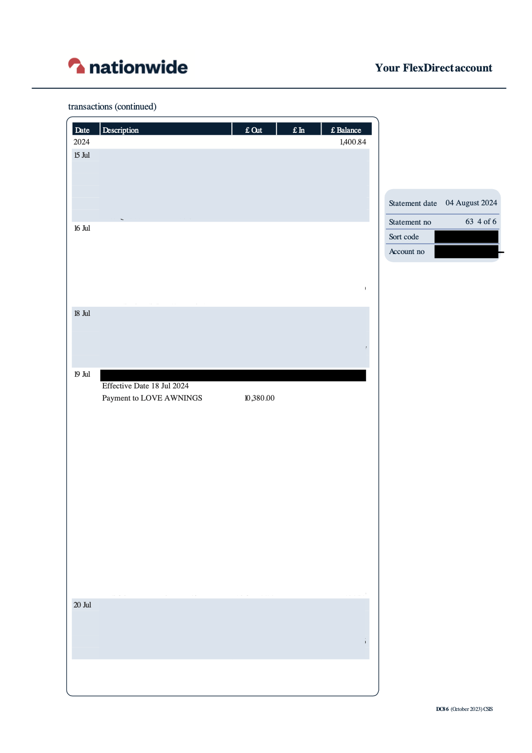 Screenshot of payment confirmation for £10,380 deposit made to Love Awnings UK Ltd on July 19, 2024