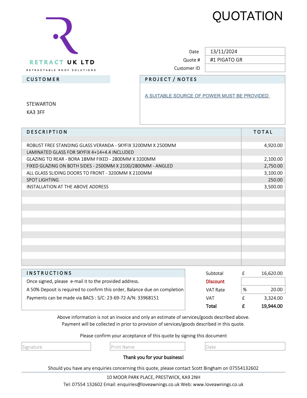 Invoice issued by Retract UK Ltd for a pergola, dated November 13, 2024, total £19,944
