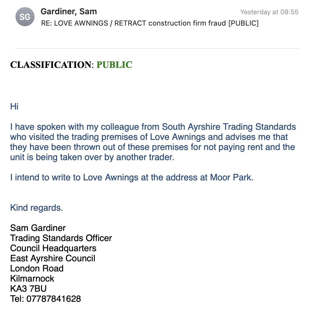Correspondence with trading standards East Ayrshire regarding eviction on November 15, 2024